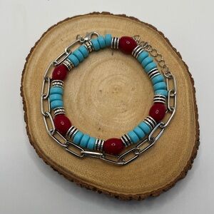 Silver and Red and Turquoise color Beaded Bracelet